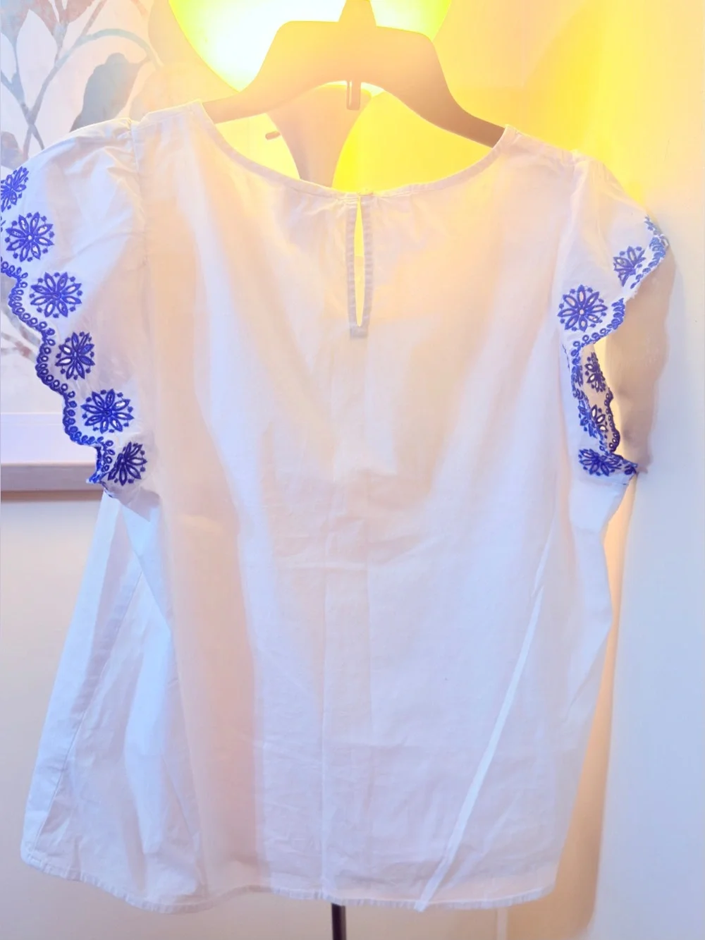 J. Crew White Cotton Blouse with Blue Embroidered Sleeves
